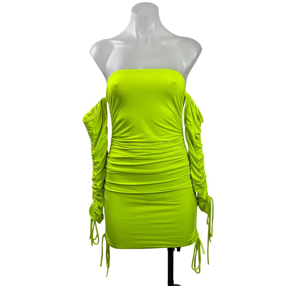 Oh Polly Neon Green Off-shoulder Ruched Tie Long Sleeve Mini Bodycon Dress Sz 4